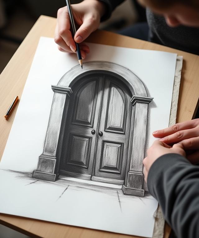 A designer's charcoal sketch of a unique custom door