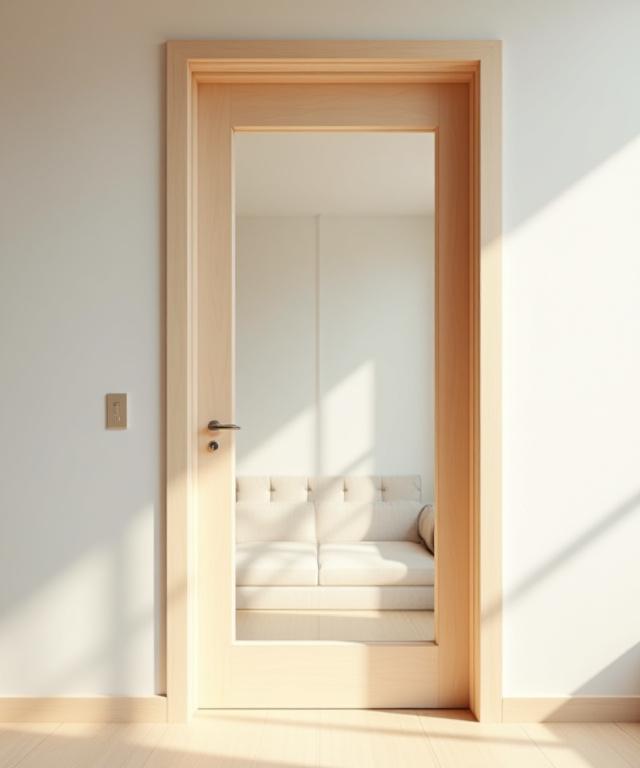An elegant internal glass-paneled door made of light ash wood