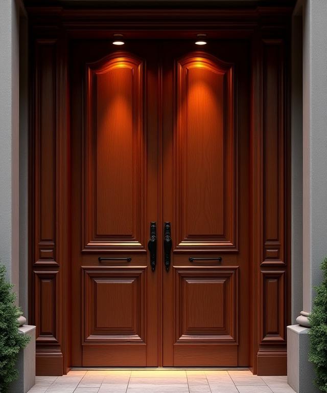 A grand, dark oak external door with warm, spice-toned wood