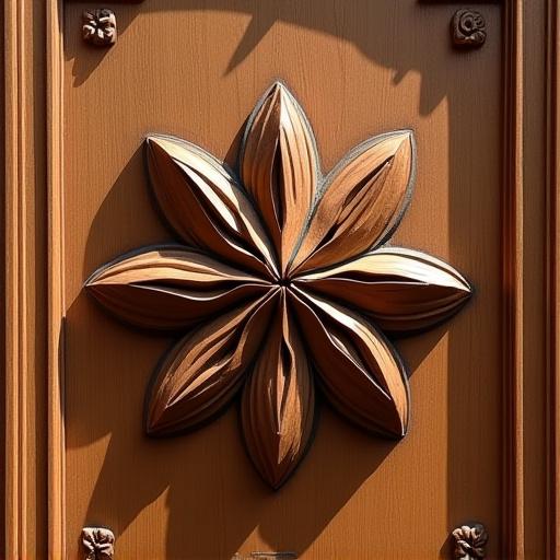 Detailed carving on a door inspired by the shape of a star anise